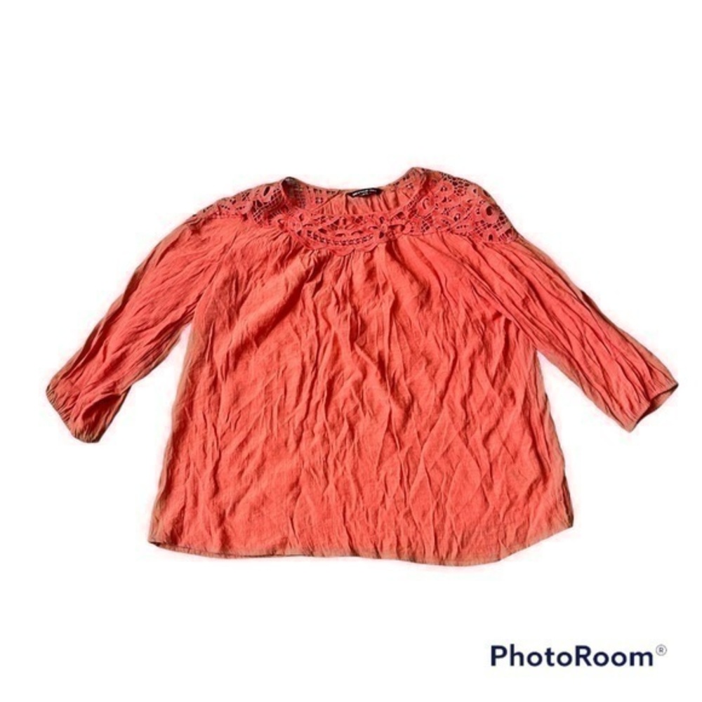 Zac & Rachel Woman Coral Boho Crochet Yoke Peasant Blouse Top Large Cottagecore - Picture 2 of 8